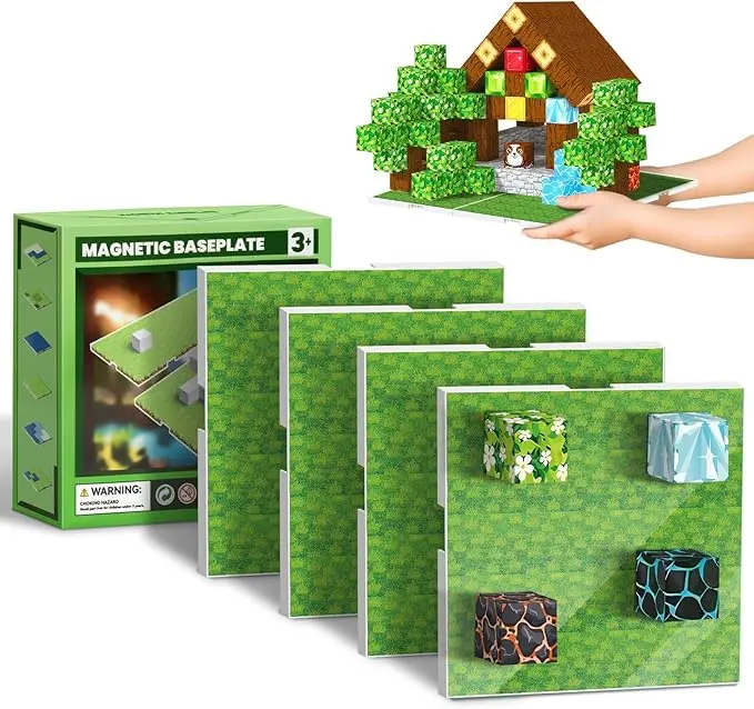 Magnetic Blocks Baseplate Building Toys for Kids, 4PCS 4"x4" Grassland Baseplates for Minecraft, STEM Play Birthday Gifts for Boys & Girls Age 3+