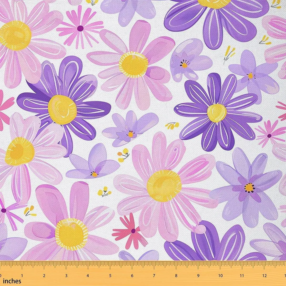 Oil Painting Daisy Fabric,Rustic Plant Garden Soft Flannel Polyester No Stretch Fabric,Cute Floral Graffiti Decorative Fabrics,Purple Pink Yellow Crafts & Sewing Supplies
