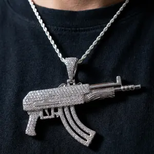925 Silver Iced Out AK47 Pendant, Fashion Costume Jewelry Charm for Gift Necklace