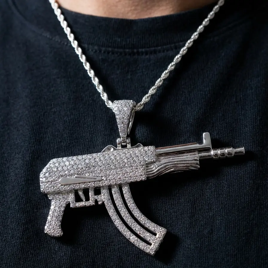 925 Silver Iced Out AK47 Pendant, Fashion Costume Jewelry Charm for Gift Necklace