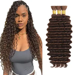 #4 Brown Braiding Human Hair for Boho Braiding Human hair 3 Bundles 18 18 18 Inch Chocolate Brown Deep Wave Boho Hair for Bulk Braiding Knotless Bohemian Hair Extensions150g