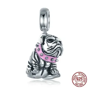 925 Sterling Silver English Bulldog Charm with Pink Spiked Collar