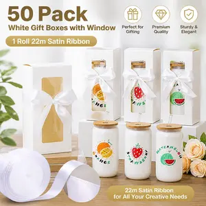 50 Pack Tumbler Gift Box with Window & Ribbon – Clear Display Cup Packaging for 12oz 16oz 20oz Glass Jars, Bridal Shower Wedding Bulk Supplies