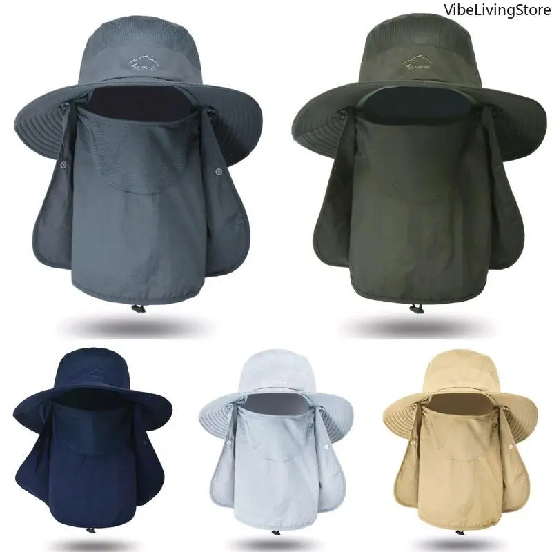 Unisex Outdoor Sun Hat with Wide Brim, Neck Flap & Face Cover - Waterproof Nylon, Breathable Mesh & UV Sun Protection for Hiking, Fishing, Beach Hat, 3.7 Inches Wide Brim, Quick-Drying, Adults, 22-24 Inches, Sports Outdoor Hats