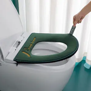 Home-use washable waterproof toilet cover, winter warm zipper-style toilet mat with handle, thick plush toilet seat cushion