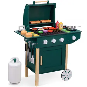 Best Choice Products Kids Wooden BBQ Grill Playset with 28 Accessories, Pretend Outdoor Kitchen Toy w/ Storage