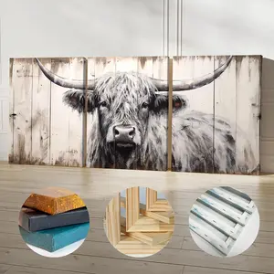 3 Piece Set Wooden Framed Canvas Poster, Highland Cattle Art, Moose, Cow, Bison, Abstract Style, Rustic Aesthetics, Farmhouse Animal Art, Artistic, Retro Home Decor, Western Wall Art for Living Room, Bedroom, Office, Ideal Gift For Friends.
