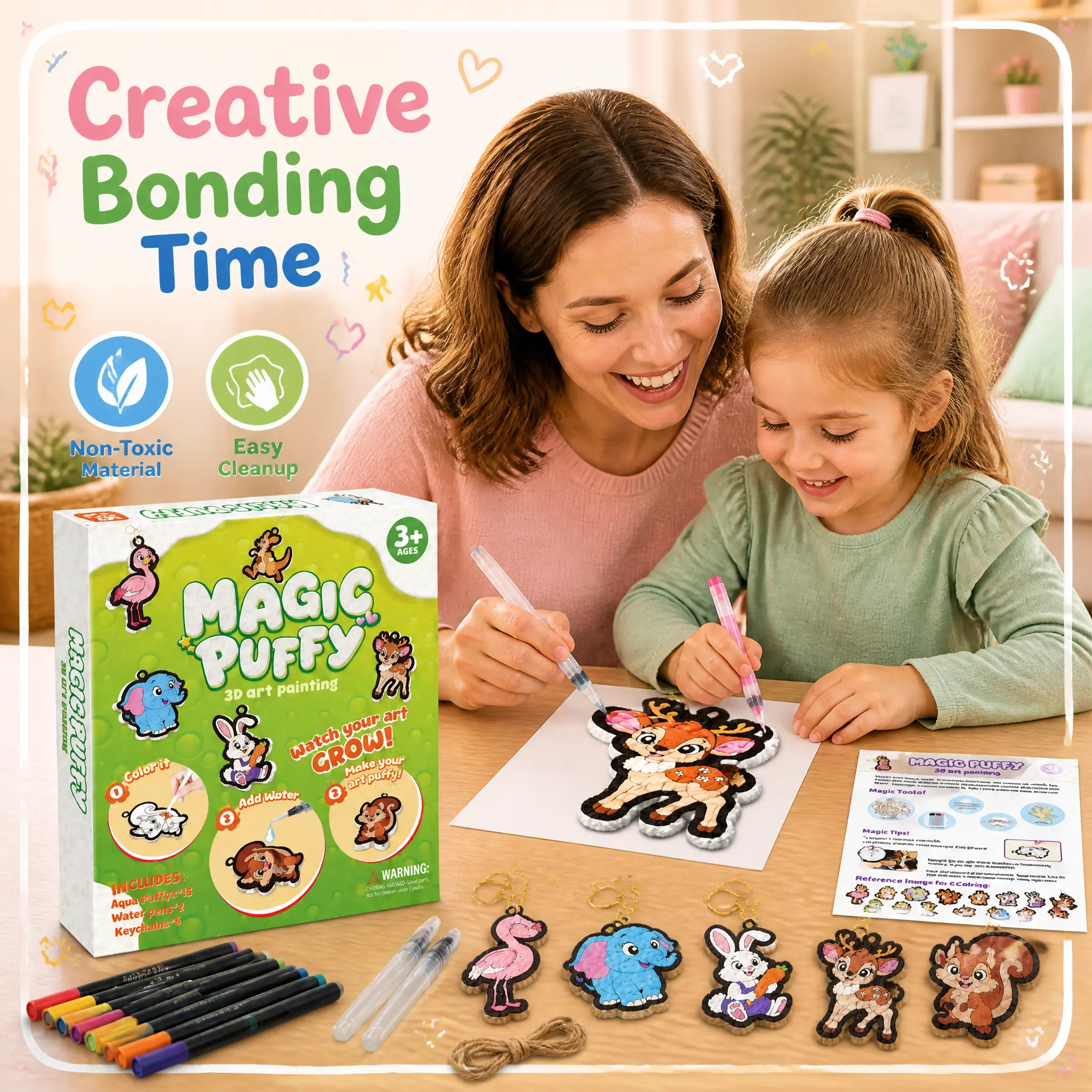 [Buy 1 Get 1] 30pcs Aqua Puffs Puffy Art DIY Foam Charm Kit - Art Crafts, Puff Paint, 3D Water Creation, 15 Sheets, 12 Color Pens, 2 Water Pens, 6 Keychains, Screen-Free Toy for 4+ Years Kids
