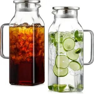 2 square glass water bottles of 2 liters / 68 ounces, with lids and handles, suitable for refrigerators, iced tea and coffee makers, beverage sets, heat-resistant borosilicate glass water bottles, suitable for both hot and cold drinks and milk, beverage d