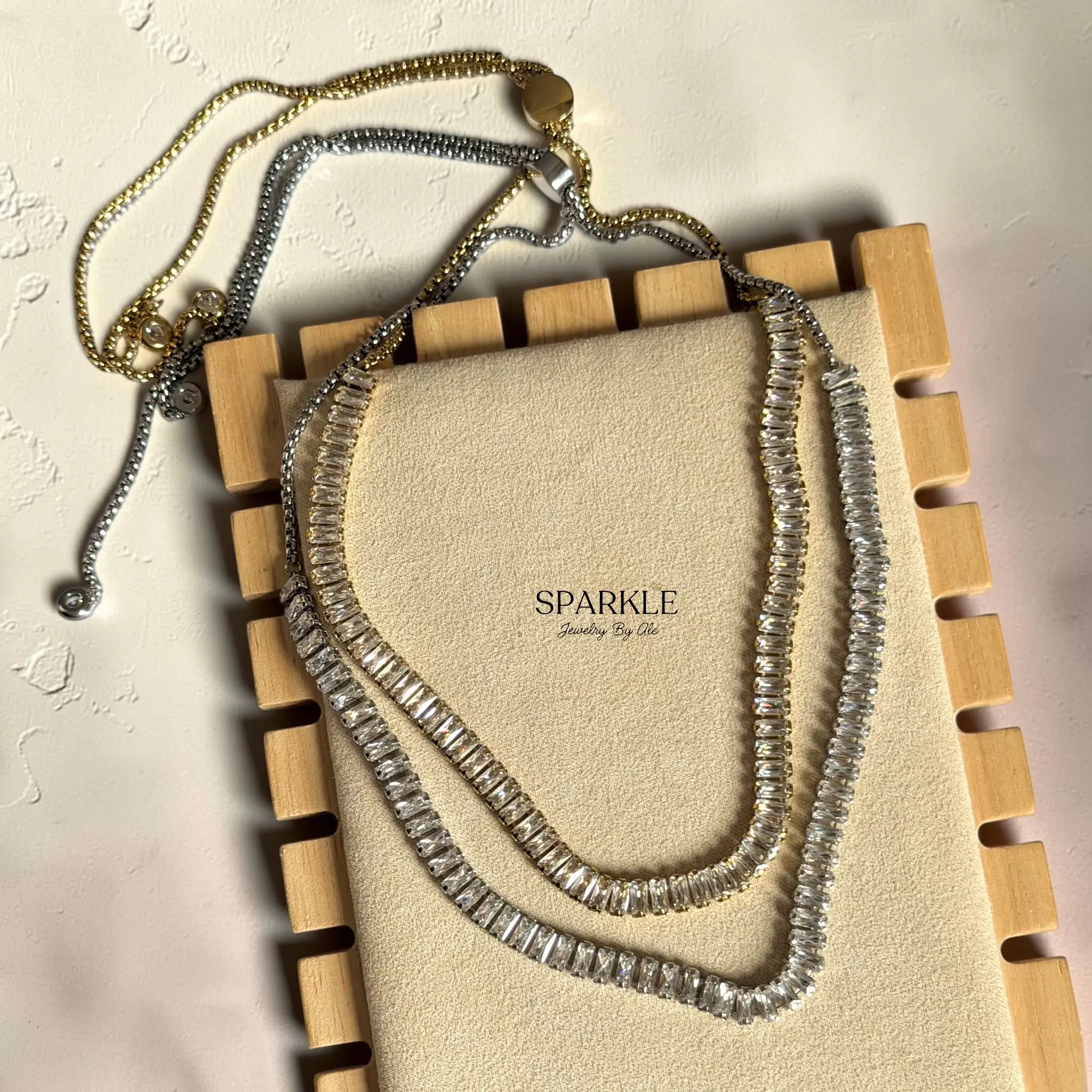 Bella’s Glam Tennis Necklace | Stainless Steel 18k gold plated | Adjustable Pull out 25” longest 