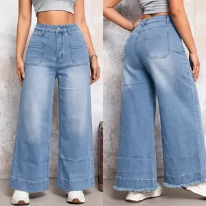 Women's American Vintage High-Waisted Light Blue Washed Wide-Leg Raw Hem Jeans - Apron Belly Design, Front Large Patch Pocket, Drapey Leg-Elongating Fabric, Versatile for Everyday Commuting outdoorfun
