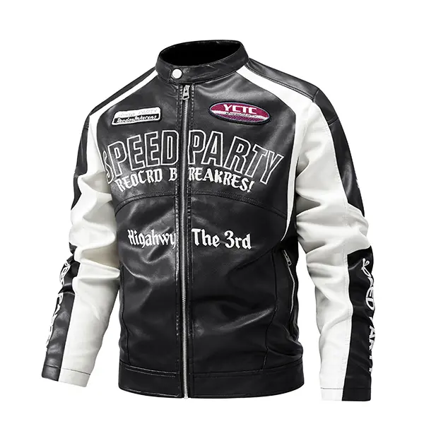 Men's Stylish Black-White Contrast Fashion Menswear Coat, Adjustable Fitted Faux Leather American Biker Motorcycle Jacket, Coats, Adjustable Fitted Men's Faux Leather Jackets, Tops, Long Sleeve