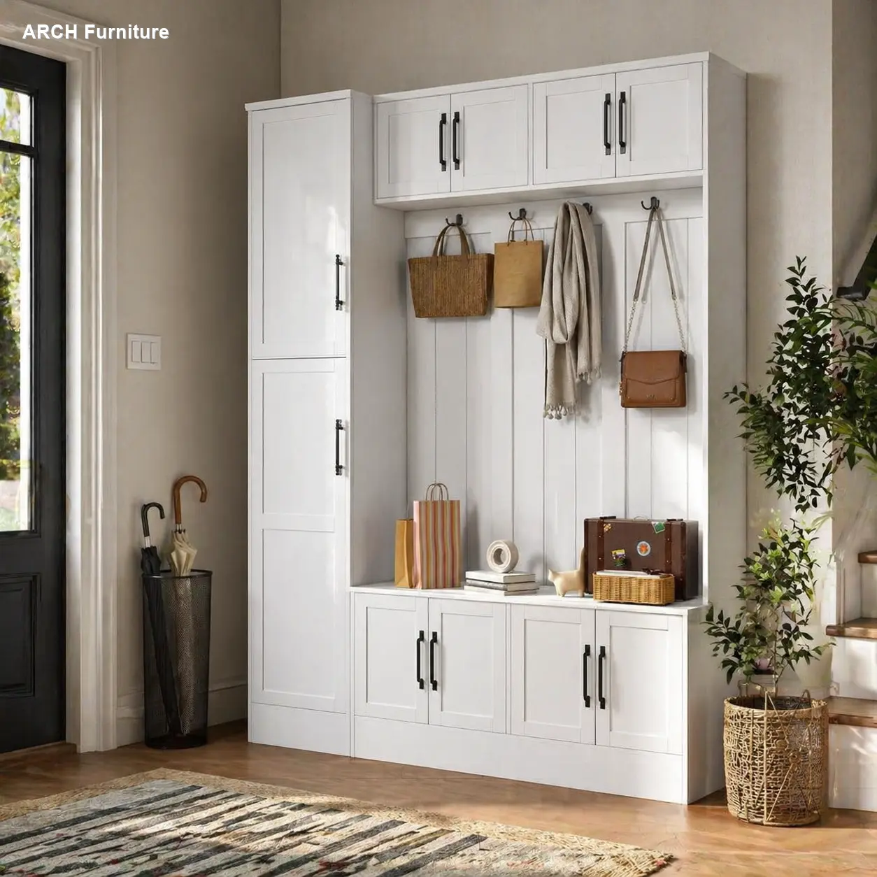 79-in Tall Modern ARCH 4-in-1 Entryway Hall Tree - Modern Storage Cupboard with 6 Large Cabinets, 4 Coat Hooks, Adjustable Shelf, Shoe Storage Bench, White Freestanding Organizer for Hallway, Mudroom, Large Storage Hallway Furniture