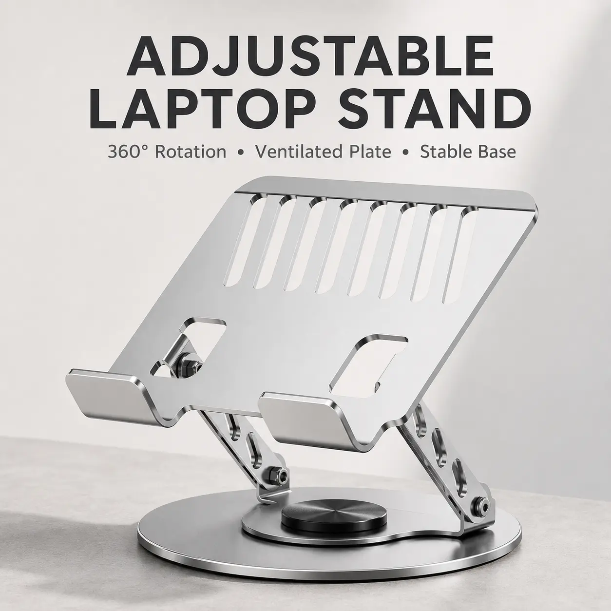 Adjustable Laptop Stand for Desk with 360° Rotating Base, Foldable Aluminum Computer Riser with 0°–60° Tilt, Ventilated Cooling Design and Heavy-Duty Support for Laptops Up to 17 Inches, Home Office, Gaming, Video Calls and Presentations