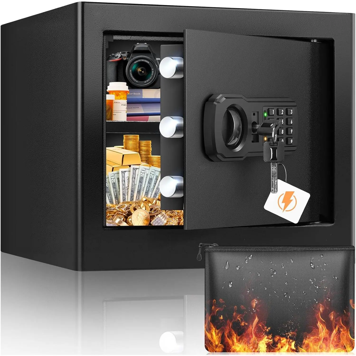 9.84"H Small Safe Box for Personal , 1.2 Cu Ft  Safe with Fireproof  Bag, Digital Safes with Combination Lock and Removable Shelf for     Documents