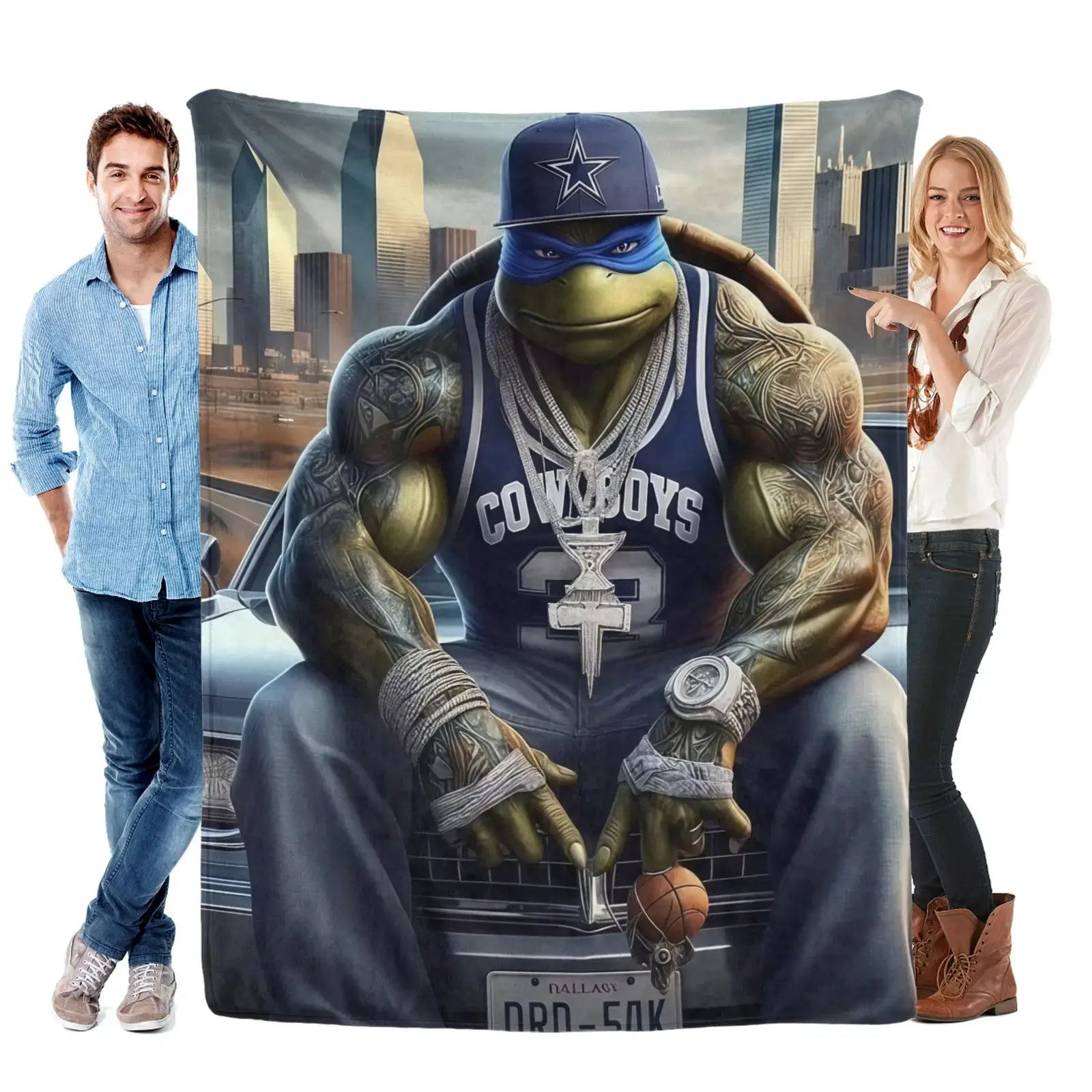 Tattoo Style Masked Urban Reptile Warrior Graphic Flannel Throw Blanket - Flat Weave, Soft Breathable Ultra-Cozy Fabric, Traditional Look, Indoor Use, Premium Holiday Gift for Pattern Collection Lovers