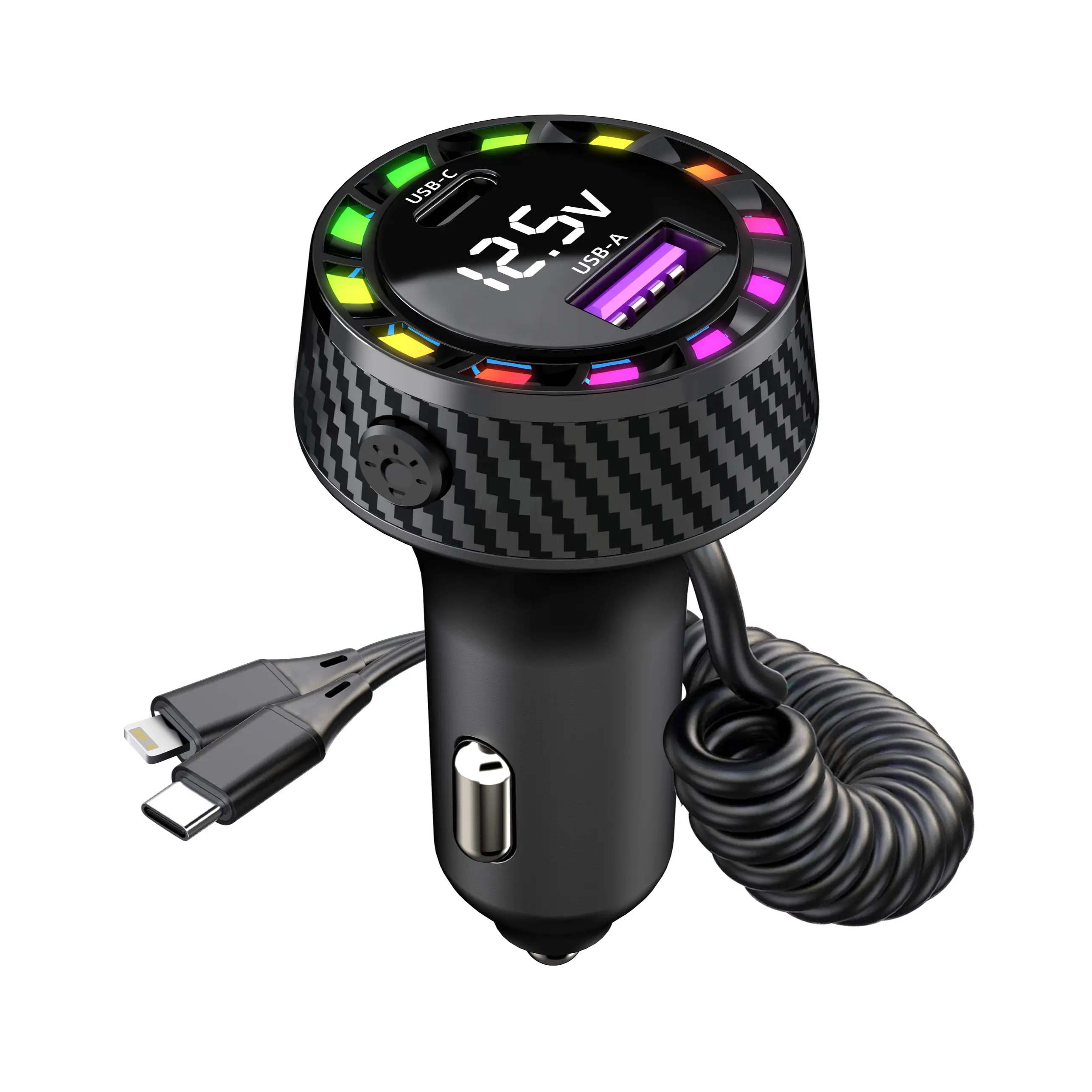 Diawicyar 3.1A Type-C Car Charger with Spring Cable 7-Color LED Display Multi-Protection Universal Fast Charging for Apple & Type-C Devices Car Charger with RGB Ambient Light & Dual Ports Works for All 12-24V Cars car chargers