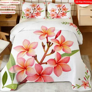 3 pcs, 2D flat print Plumeria flower bed cover set, tropical floral theme, multiple sizes available, bedding set, festive decorative bedding, ideal for bedroom décor, Bed Sets(1 bedspread , 2 pillowcase)