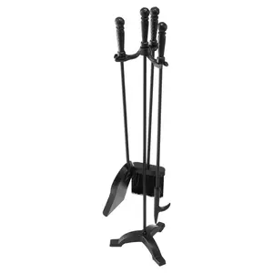 【FathersDayGift】VEVOR Fireplace Tool Set,  , 4 PCS Fire Tool Set and Holder with Three-Prong Stand, Ash Shovel, Brush, Fire Place Poker, Wrought Iron Fireplace Accessories for Campfire Indoor/Outdoor, Black
