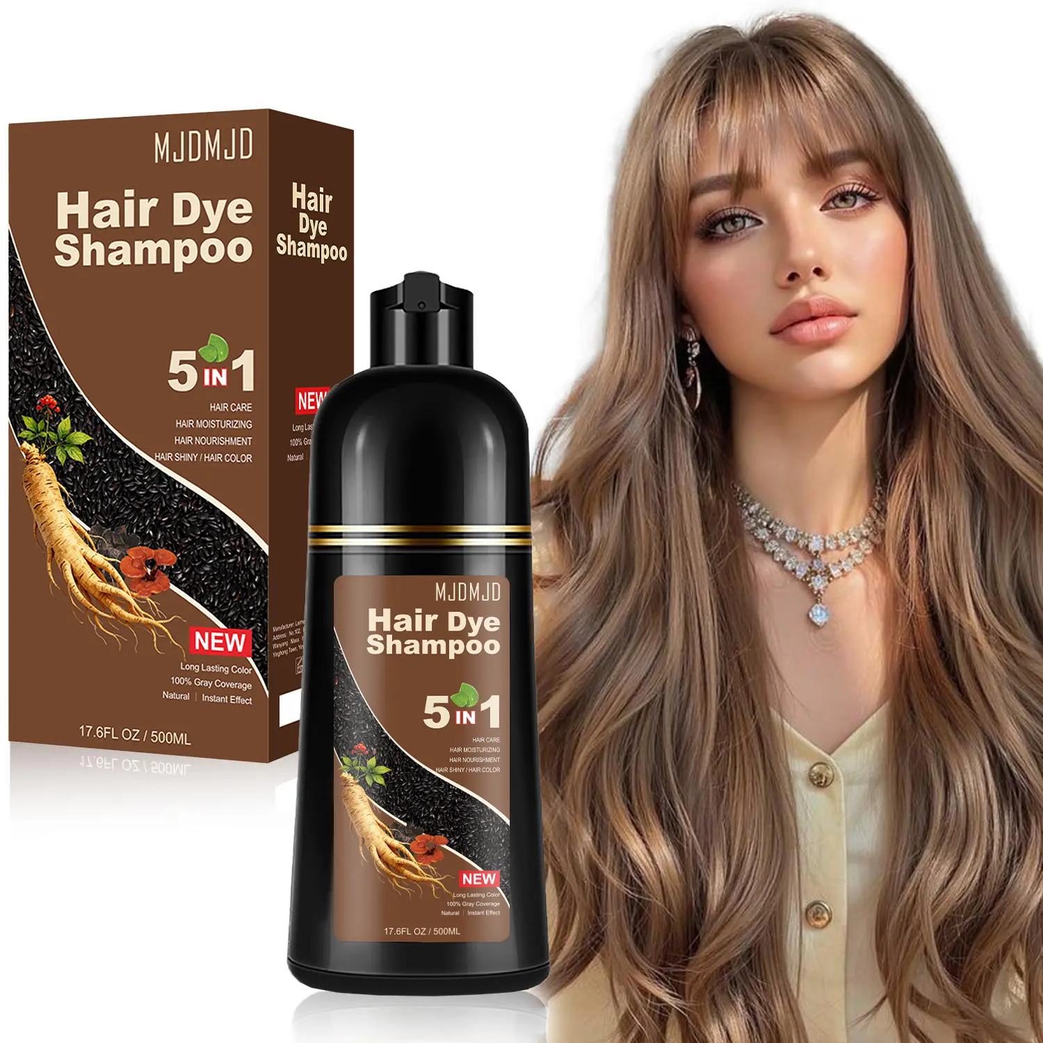 Light Brown Hair Dye Shampoo 5 in 1, Rich Color Shine for 3–4 Weeks, Premium Coloring Shampoo for All Hair Types, Gentle Plant-Based Formula Safe for Damaged Hair, Easy At-Home Use for Women & Men 500ml