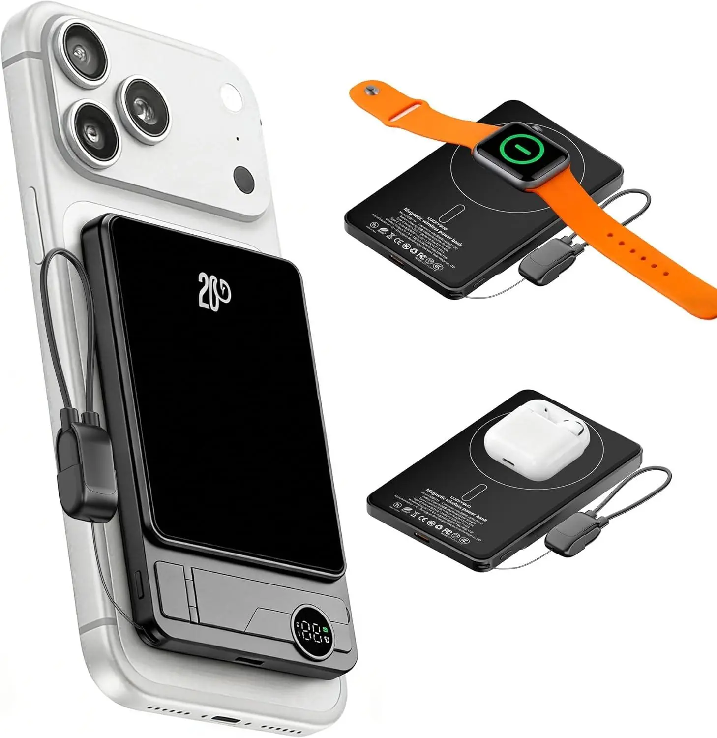 3-in-1 Folding Chargeable Portable Power Bank with Integrated Cable,Apple Watch Wireless Charging, Foldable Phone Stand -Compact FastCharge Mobile Phone Accessory for iPhone & Android SmartphonesS18,back to school,back to school haul