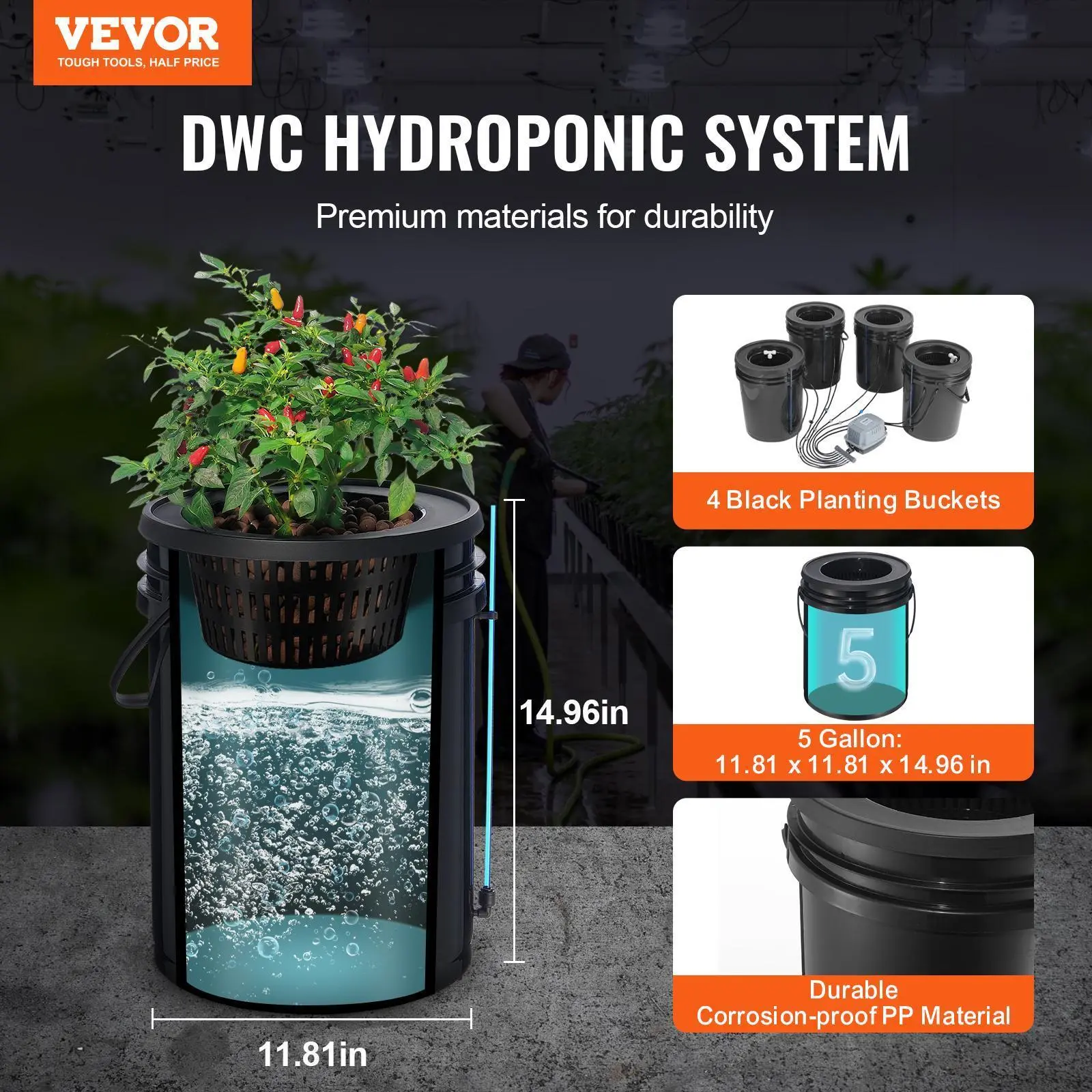 VEVOR DWC Hydroponics Grow System,  , Hydroponic Growing System with Top Drip Kit, Deep Water Culture 5-Gallon 4 Buckets, with Air Pump, Air Stones and Water Level Device for Leafy Vegetables#BacktoSchool
