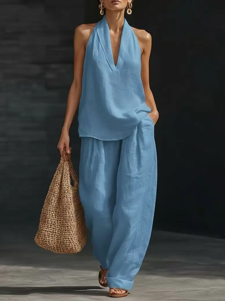 Boho Two Piece Set - Perfect for Beach, Vacation & Brunch! Sleeveless Top Wide Leg Pants Set  R2186