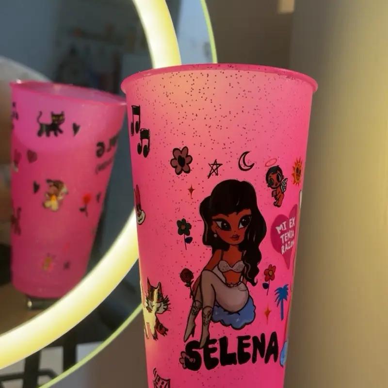 Pink Sparkle Plastic Cup with UVDTF Wrap 27oz Featuring girls Design and Charms