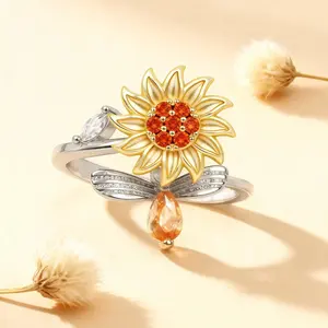 Sunflower & Bee Fidget Spinner Rings – Adjustable Open Anxiety Relief Rings for Women, Custom Engraved with CZ Daisy, Stress Relief Jewelry Gift, You Are My Sunshine for Valentine's Day