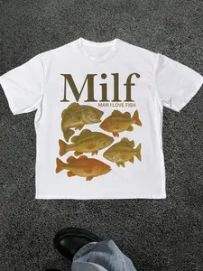 Milf Fishing Meme Graphic Round Neck Tee, Soft Cotton Casual Fitted Short Sleeve Shirt, Quirky Print Design for Home and Daily Wear, Ideal for Fishing Enthusiasts