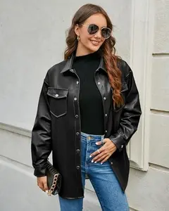 Faux Leather Jackets for Women Long Sleeve Oversized Shackets with Pocket Belted Pleather Jacket Moto Biker Coat *LooKo