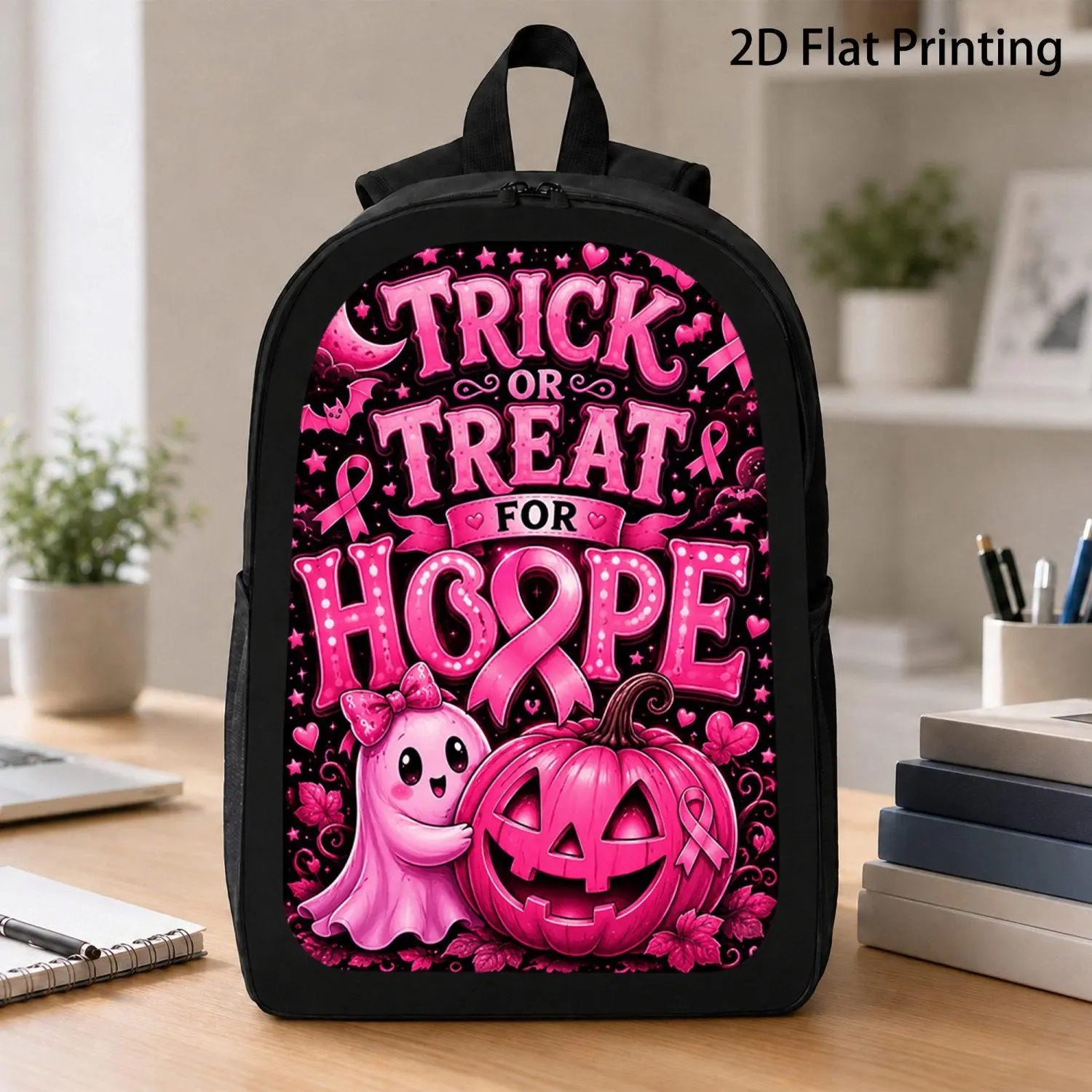 [17 Inch Backpack] 1pc Trick Or Treat For Hope Cute Ghost Pink Pumpkin Ribbon Halloween Print Backpack Trending Breast Cancer Awareness Laptop Backpack For Daily Travel