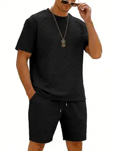 Men's Plaid Texture Two-Piece Set, Short Sleeve T-Shirt & Waist-Tied Shorts, Casual Summer, Relaxed Fit, 2 Piece Set, Menswear Clothes