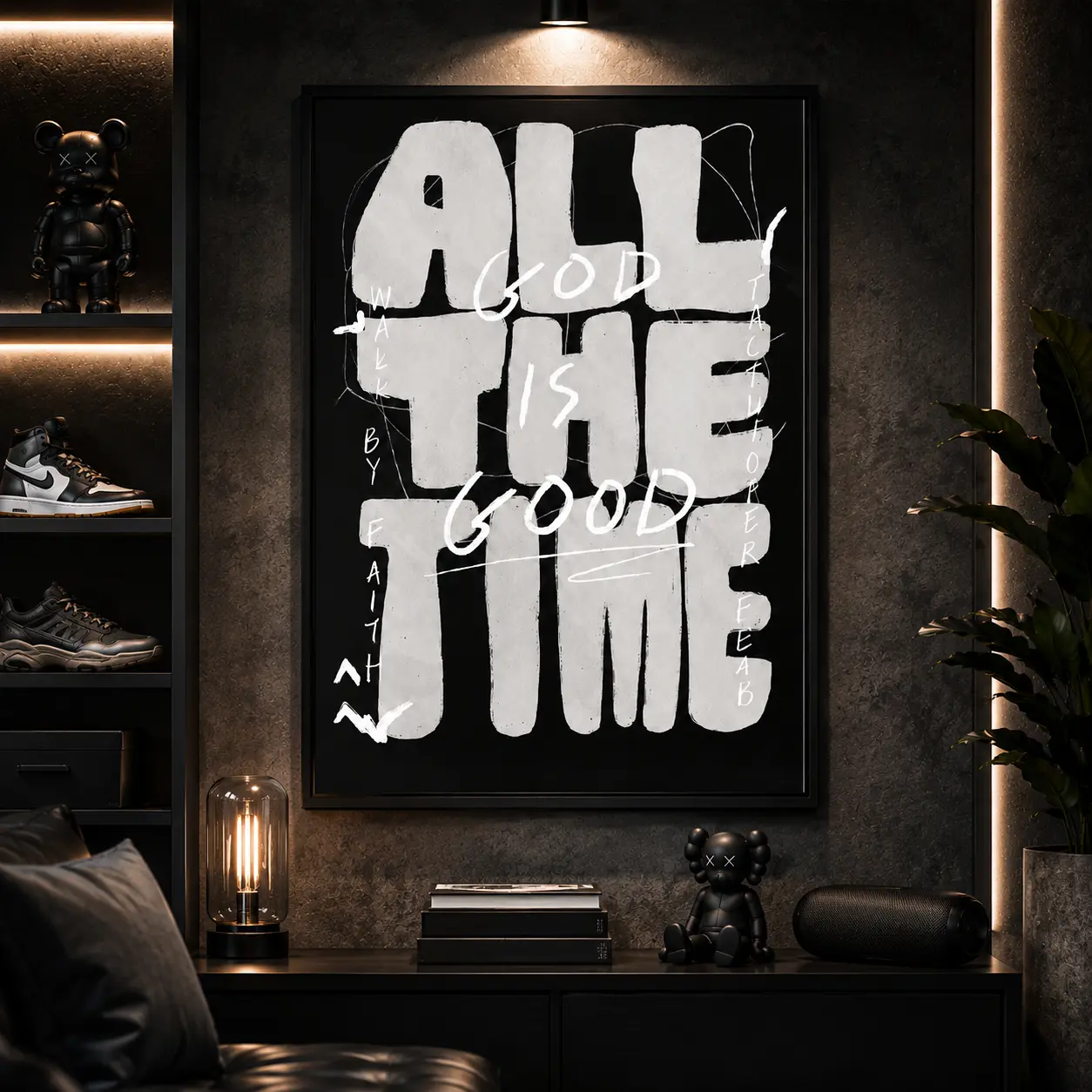 God is Good All the Time Christian Canvas Wall Art, Modern Black White Graffiti Faith Quote Poster, Walk by Faith Religious Inspirational Decor for Home Office Entryway, Framed Unframed Multiple Sizes