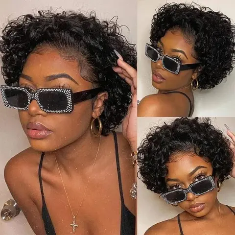Women's 8-Inch Short Curly Pixie Cut 100% Human Hair HD Lace Front Wig - 13x1 Lace Part, 180% High Density, Standard Medium, Natural Black & 8 Inch Ginger 13*1 Options