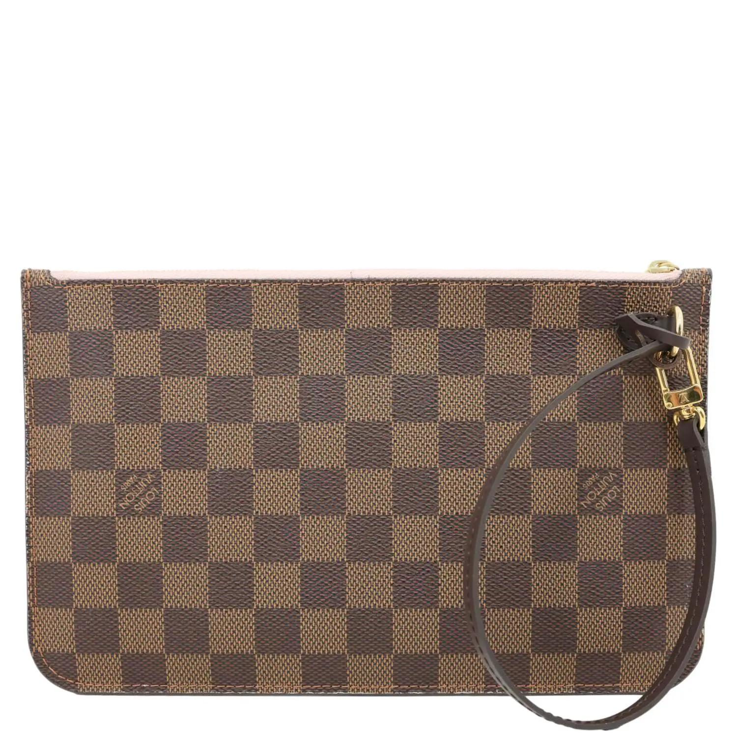 Pre-owned Louis Vuitton Damier Ebene Clutches & Wristlets Neverfull Wristlet Pouch Rose Ballerine