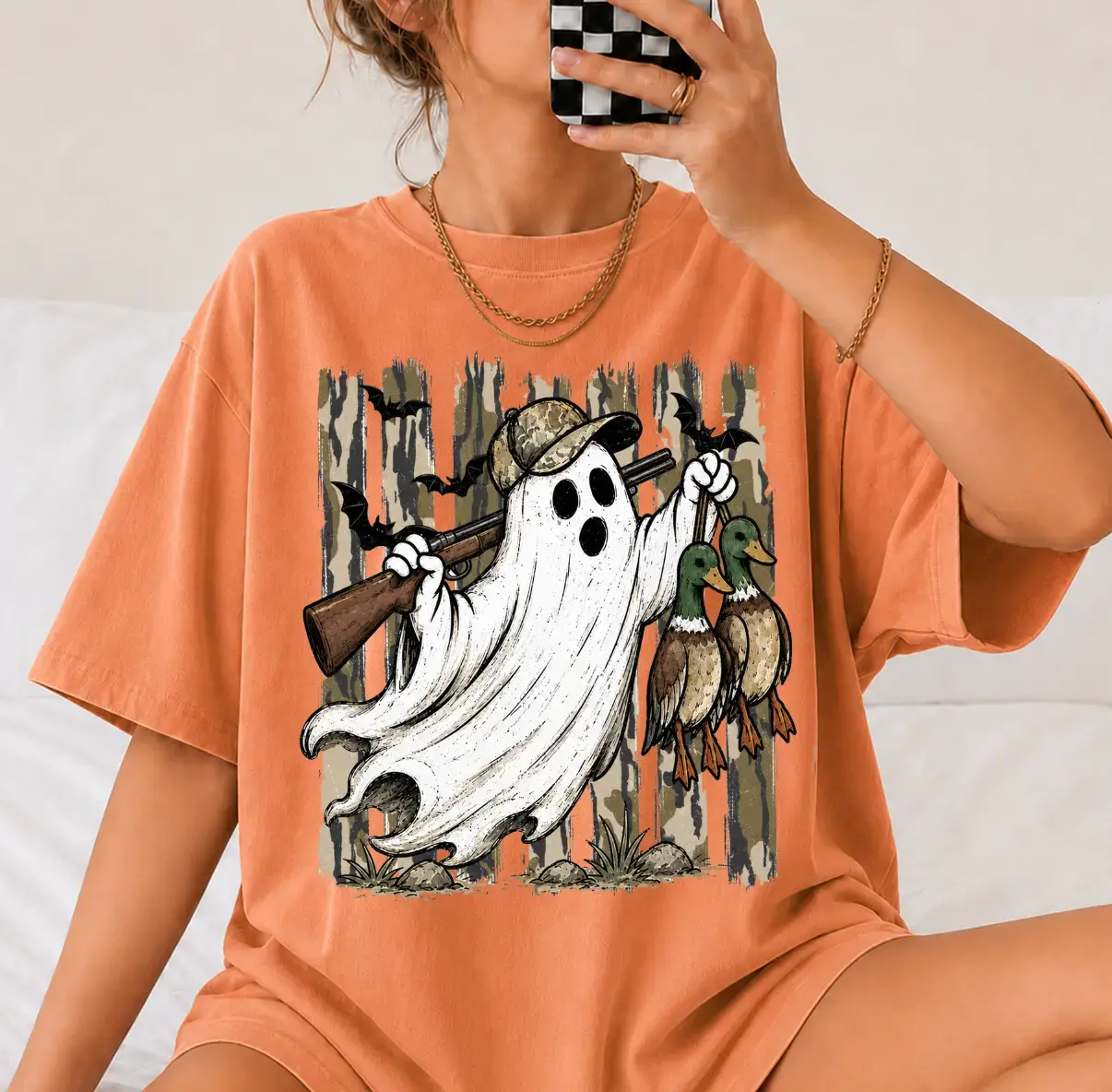 Comfort Colors Retro Camouflage Duck Hunting Ghost Unisex T-shirt, Funny Halloween Hunter Spooky Camo Ghost With Mallard Duck Tee, Hunting Season Spooky Gifts