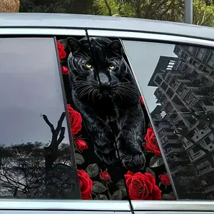 2pcs Wild Jaguar B Pillar Stickers, Rose Background Universal Car Decals, Easy to Apply and Remove, Sunproof Waterproof Scratch Resistant