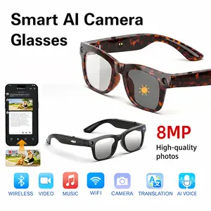 HUGUR Smart Camera Glasses with 8MP Photochromic Lenses Button Touch Control Hands Free Photo Video Recording 160+ Languages Real Time Translation Bluetooth Open Ear Audio Magnetic Charging UV400 Protection For Travel Outdoor Driving Gift, Wearable, Hawks