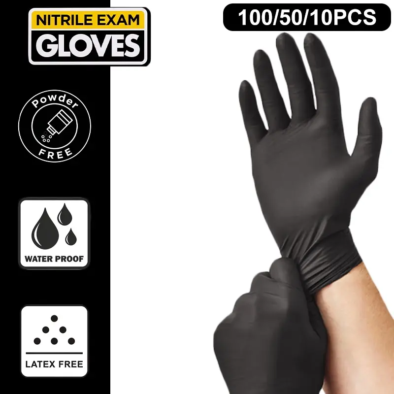 100/50/10 Pcs/Bag, Black Household Cleaning Disposable Gloves, Waterproof, Suitable for Kitchen Cleaning, Pet Care, Hair Coloring, Bathroom Cleaning, Nail Care, Haircare, Powder-Free, Latex-Free, Multi-Purpose Cleaning Gloves, Essential Cleaning Tool