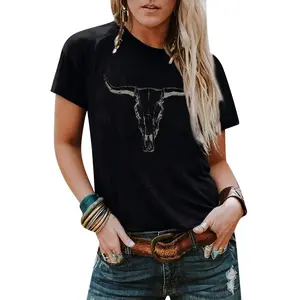 LOTUCY Women's Boho Cow Skull Shirt Vintage Western Rodeo Graphic Tee Short Sleeve Casual Top for Country & Travel