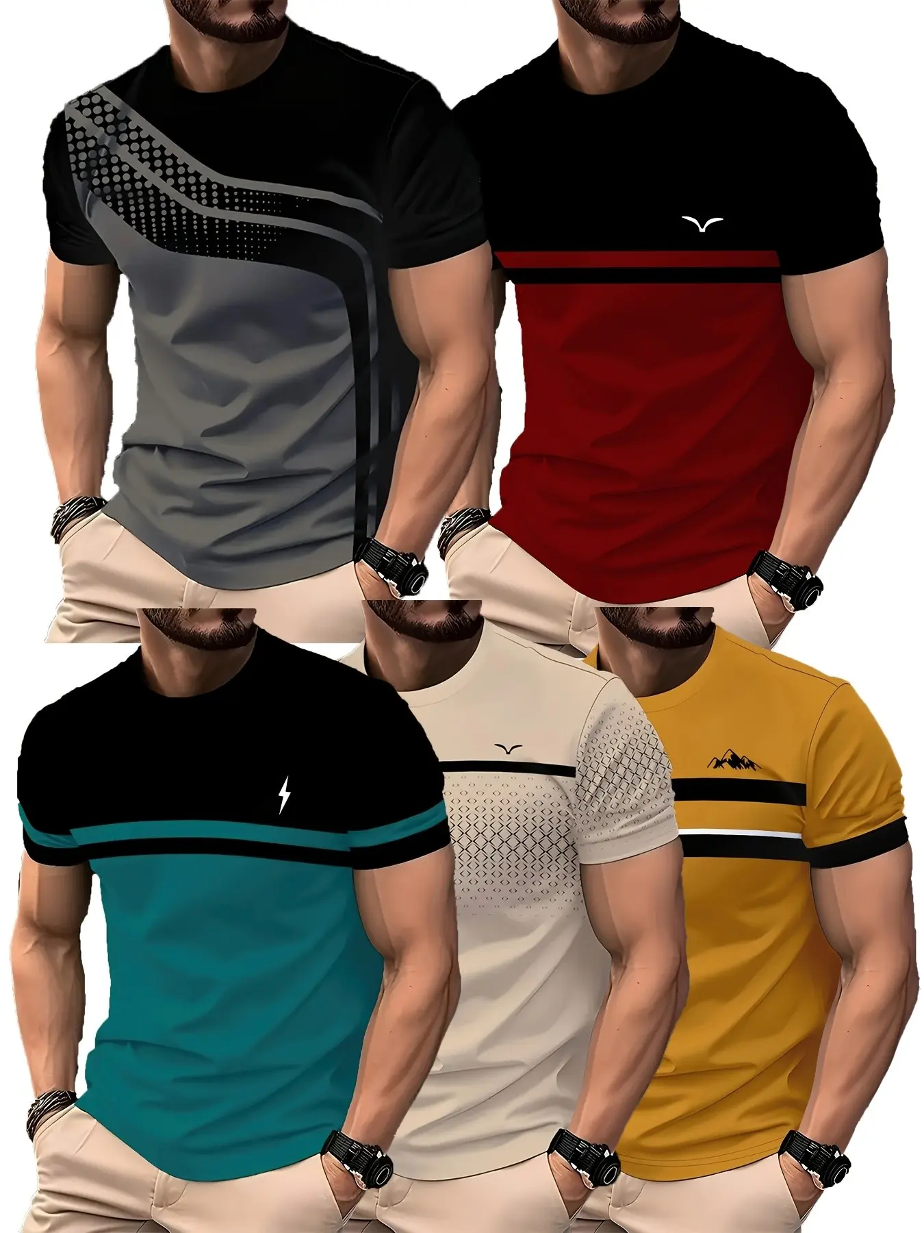 5-Pack Mixed Color Summer New Men's Patchwork Striped Round Neck Short Sleeve T-Shirt, Casual All-Over Print, Loose-Fit, All Seasons