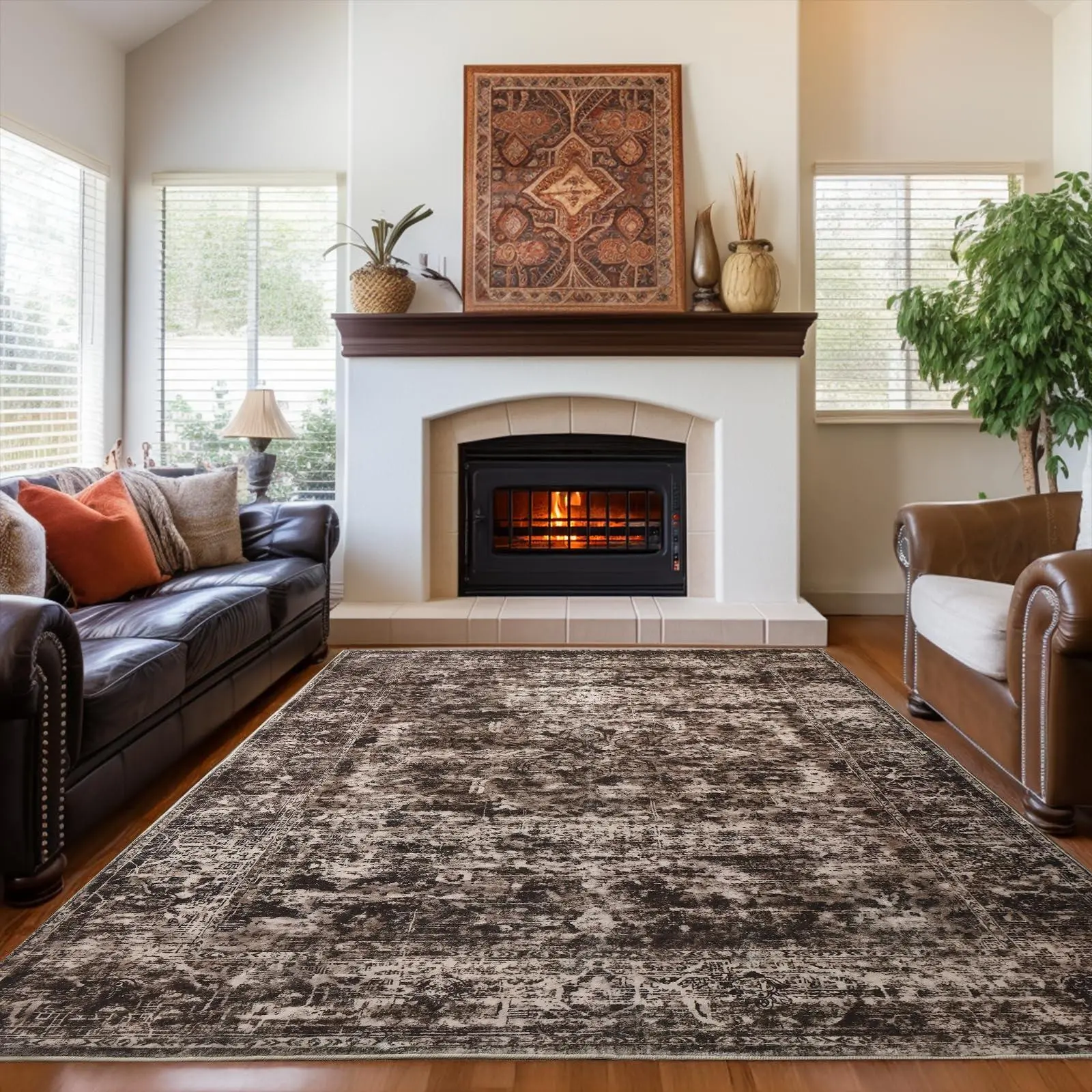 Brown Washable Vintage Faux Wool Throw Bedroom Rug, 0.3 In Low Pile & Non-Slip Indoor Floor Carpet For Home Office, Kids Room, Bedside, 4x6, 5x7, 6x9, 8x10, 9x12 Feet