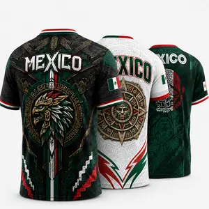 Men's Mexican-Inspired Short-Sleeve V-Neck Sports T-Shirt - Eagle Emblem, Aztec Pattern, Cultural Casual Top
