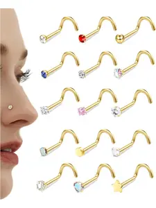 Tiny 15 Pcs Colorful 20G Nose Rings Golden Surgical Steel Nose Studs for Women Men L Shaped Nose Stud Rings Studs Shining CZ Opal Nose Ring Heart Cute L Shape Star Nose Piercing Set Nose Piercing Jewelry