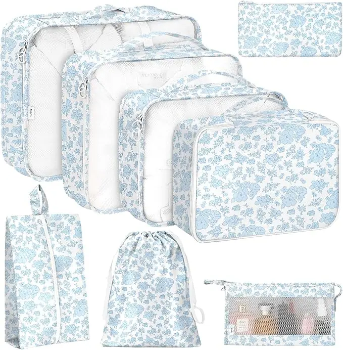 8-Piece Blue Flower Packing Cubes, Water-Resistant Assorted Pouch Travel Organizers in Ultra Light Weight Oxford Fabric for Suitcase Bag Organization, Luggage Makeup Organizers, Backpacking, 3 X Different Size, Travel Pouches, Double Zipper, Space Saver,,