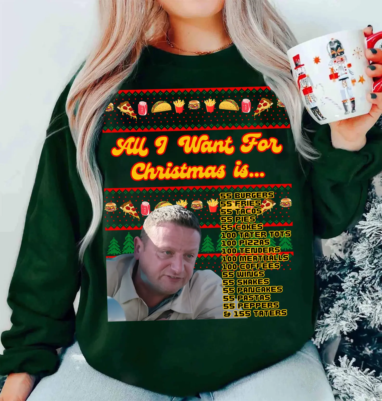 55 Burgers 55 Fries Ugly Christmas Sweater | Gildan Crewneck Sweatshirt | I Think You Should Leave | Tim Robinson | Itysl | Funny Viral I Think Tim TV Show Gen Z Alpha Brainrot Meme Ugly Christmas