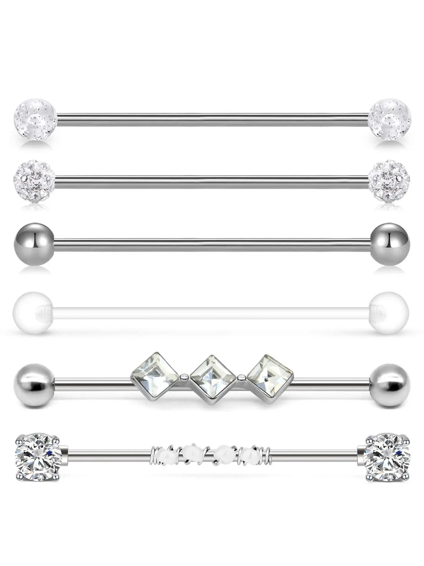 Fashion Artificial Zircon Decorated Earrings (6pcs), Stainless Steel Earring for Women & Girls, Party Fashion Piercing Industrial Bar Earrings for Party, Daily Clothing Decor, Stylish Jewelry, Sparkling Zircon Inlay, Piercings Jewelry