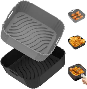 Silicone Air Fryer Liners 2 Pack Square Reusable Non-Stick Basket Inserts 4-5 QT Air Fryers Dishwasher Safe Parchment Paper Replacement Accessories Gray & Black