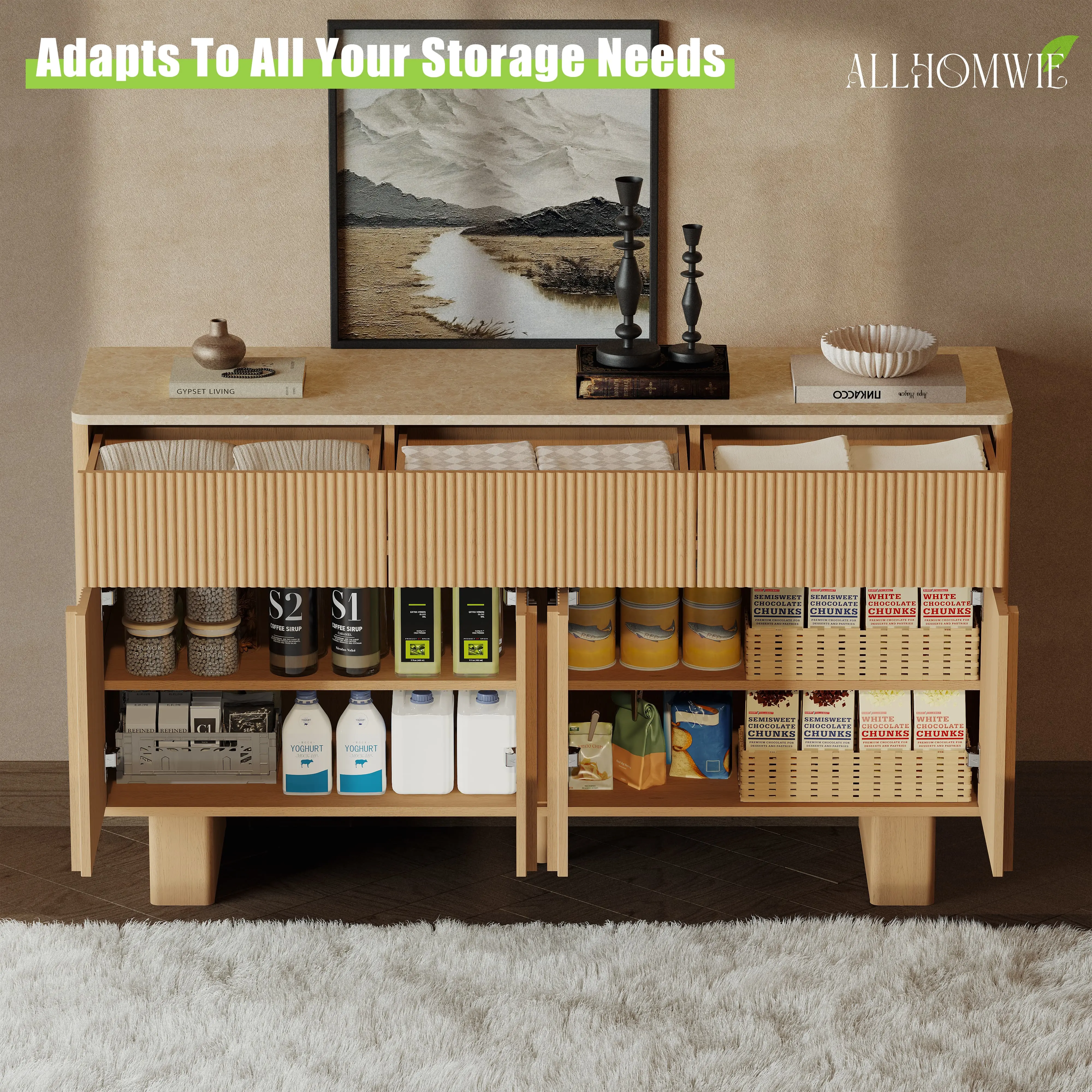[Summerwins] [SummerFinds] 55" Modern Storage Cabinet with 3 Drawers & 4 Doors, Sideboard Buffet Cabinet for Dining Room, Kitchen & Entryway, Large Hidden Storage Organizer, Home Essentials Furniture, Light Oak#SummerVibes